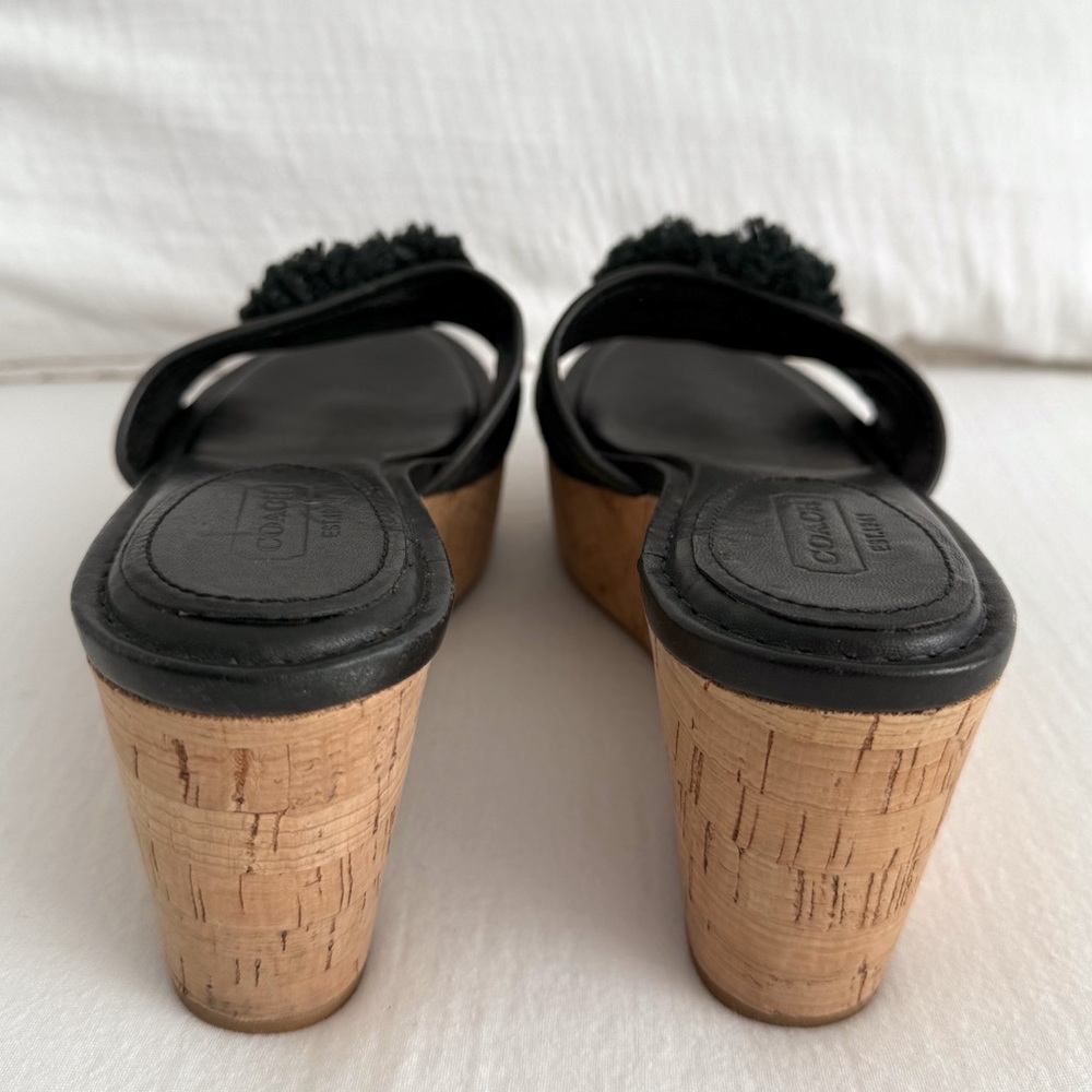 Coach Jazmin Black Leather & Cork Wedge Sandals - Picture 5 of 8